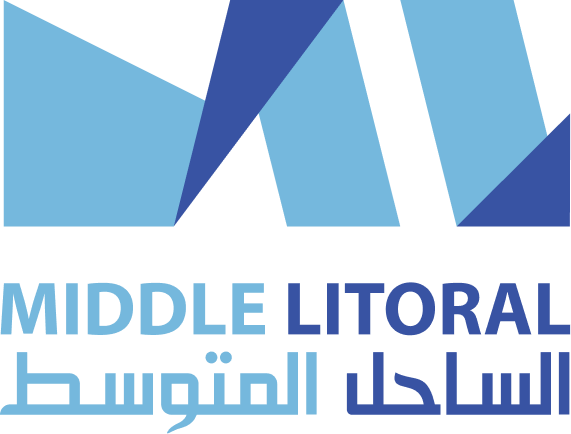 Custom logo design featuring abstract geometric icon of the ML initials and bold typography for Middle Litoral, logo in Arabic and English